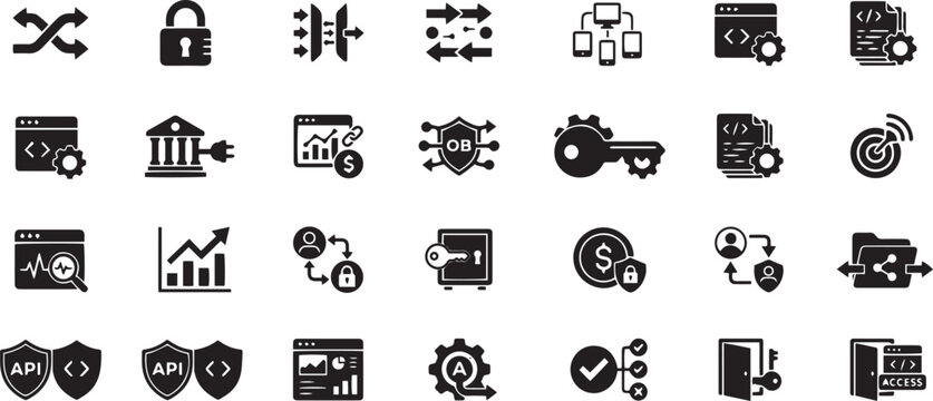 Cyber Security and API Integration Icon Set Black Solid Vector Pictograms for Open Banking Data Privacy Software