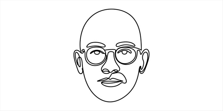 Minimalist continuous line art drawing of a bald man with glasses and a mustache showing a thoughtful expression in a simple artistic portrait style