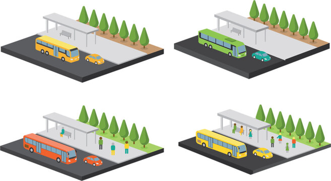 Isometric bus stop scenes collection, public transportation vector illustration editable urban transit infrastructure design set artwork