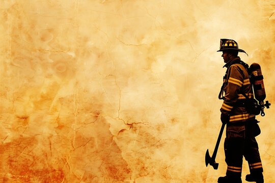 Full body profile of a firefighter holding an axe against a textured yellow background
