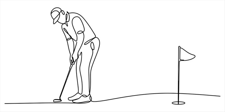 Continuous single line drawing of a man playing golf putting a ball into the hole on the green course with a flag stick in a minimalist art style
