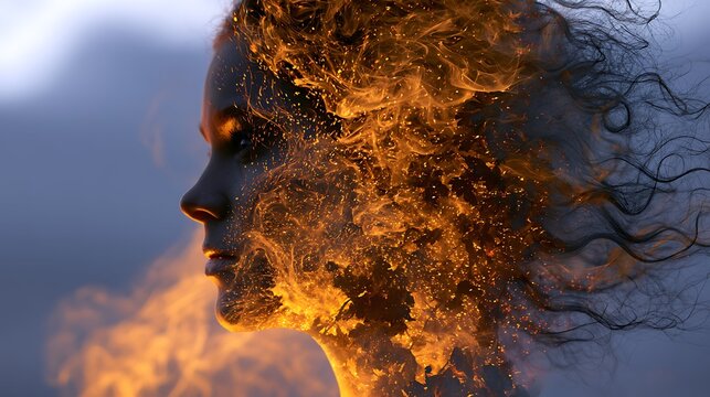 Surreal double exposure profile portrait of a woman merging with blazing fire sparks and dramatic smoke