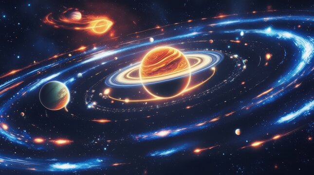 Abstract illustration of a planet with rings in deep space