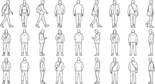 Male Character Outline Pose Collection with Front Side Back Walking and Standing Vector Set