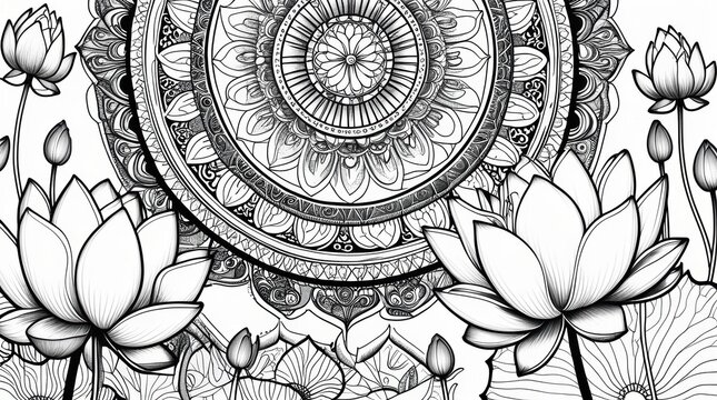 Black and white lotus flower mandala art for coloring page