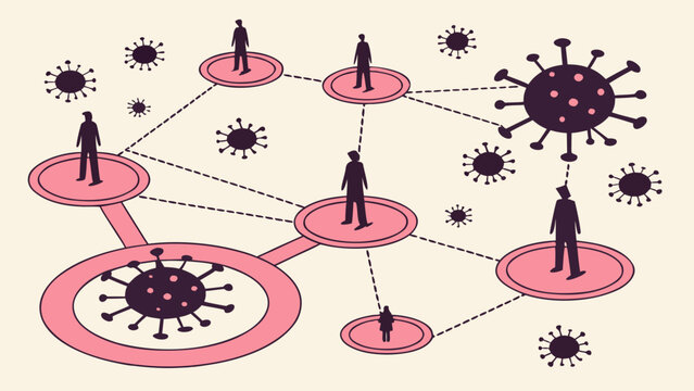 Illustration of viral transmission network showing contact tracing and spread of infection among people during pandemic