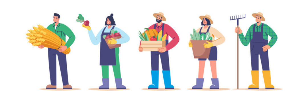 Set of vector images of farmers holding harvest of different crops and tools.