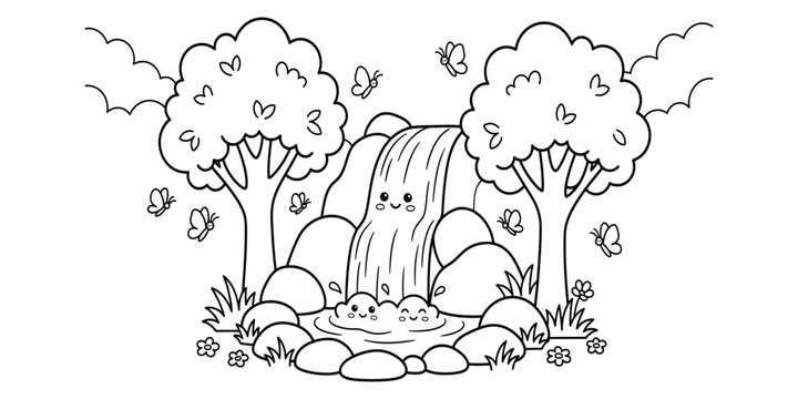 Adorable waterfall character with forest trees and butterflies coloring page for children.