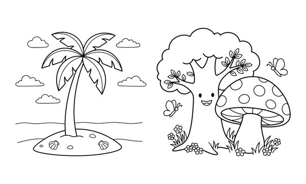 Cute palm tree on island and smiling tree with mushroom in black and white line art style.