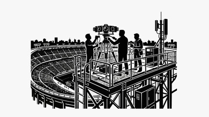 Obraz premium Film crew recording at a large stadium event.