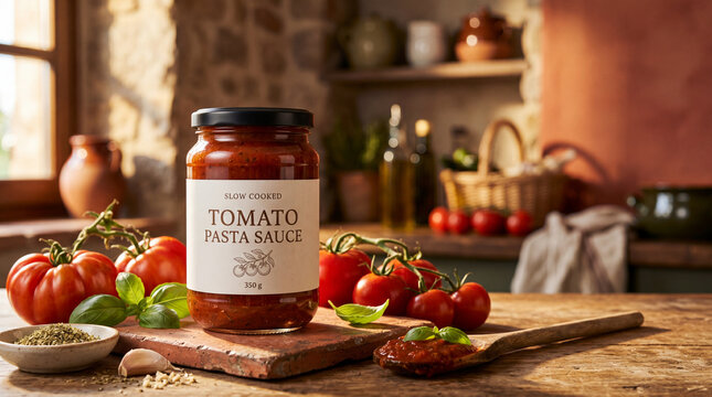 A jar of slow-cooked tomato pasta sauce displayed with fresh tomatoes, basil, garlic, herbs, and pasta ingredients in a warm rustic kitchen setting.