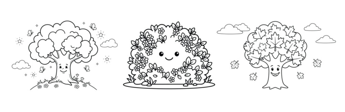 Cartoon tree bush and maple character set for coloring book page illustration for kids fun.