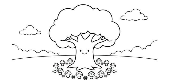 Cute cartoon tree character with mushroom fairy ring coloring page for children activity.