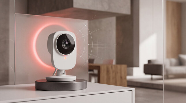 A modern smart home camera positioned on a circular stand behind transparent glass, surrounded by a glowing red light and subtle digital interface lines.