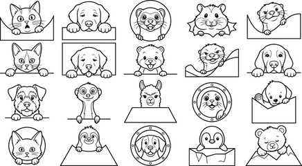 Cute Peeking Animal Cartoon Outline Vector Collection with Cats Dogs and Woodland Characters © Rakib