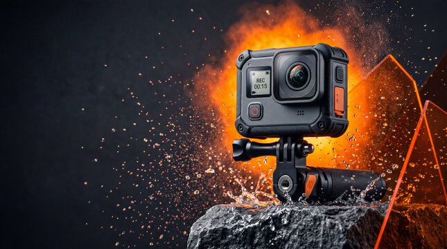A rugged action camera mounted on a rocky surface with dramatic flames, sparks, and water splashes, representing extreme sports, durability, adventure filming, and high-performance outdoor technology.