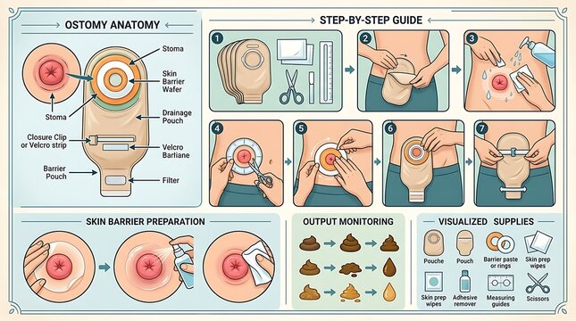 Ostomy anatomy and step by step care guide infographic