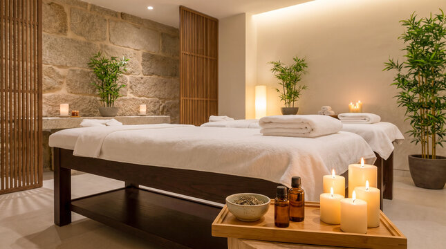 Sala de spa elegante preparada para un tratamiento de masaje con ambiente relajante y decoraci&oacute;n minimalista.