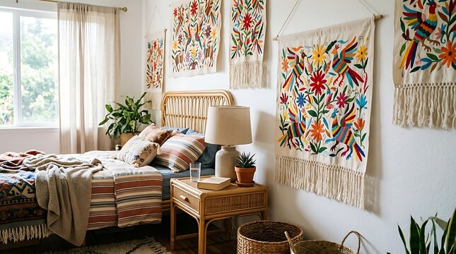 Bohemian bedroom interior with rattan furniture and colorful tapestries
