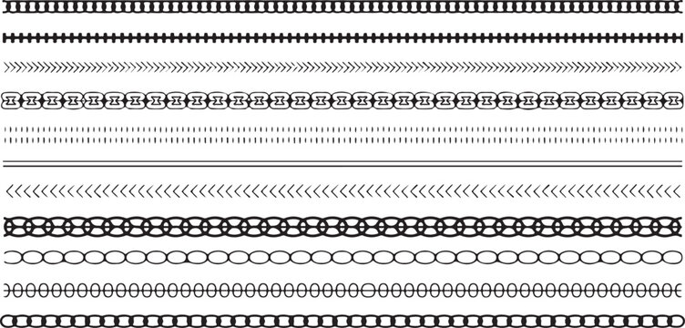 Decorative border patterns set showcasing horizontal geometric line ornaments plus lace trim dividers and ethnic stitch ribbon edges.