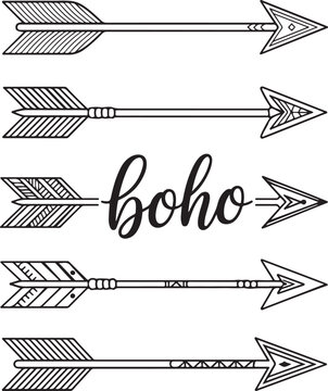 Boho tribal arrow set with geometric fletching and ethnic symbols for rustic stationary or bohemian themed creative craft projects.