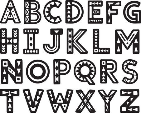 Tribal alphabet set featuring geometric patterns and ethnic motifs for educational posters or creative branding identity projects.