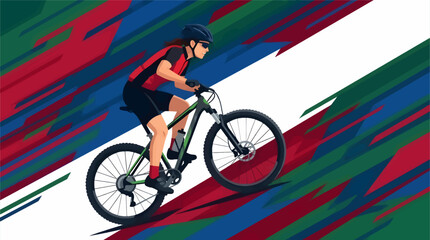 Fototapeta premium Female Cyclist Riding Mountain Bike Uphill, Athlete Wearing Helmet and Sportswear on Abstract Dynamic Background, Vector Illustration of Outdoor Sport Activity with Energy and Motion