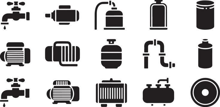 Industrial machinery elements featuring water faucets pumps pressurized tanks pipes cylinders and radiators equipment icon set.