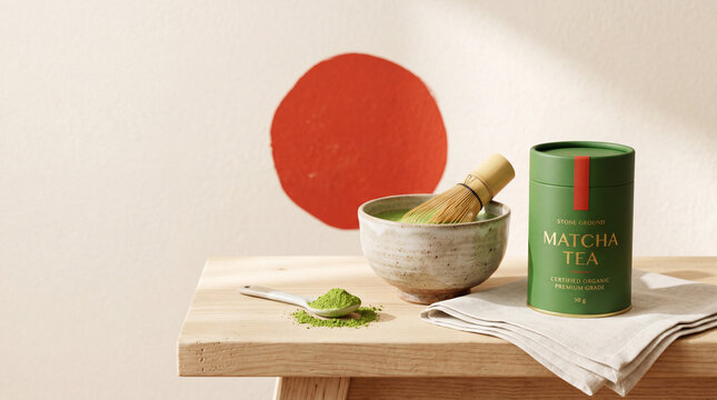A green matcha tea tin displayed beside a ceramic bowl, bamboo whisk, and powdered green tea in a calm minimalist Japanese-inspired setting.