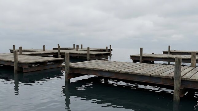 A series of wooden and rusty dock platforms floating on calm, overcast water, showcasing industrial maritime infrastructure and weathered marine architecture.