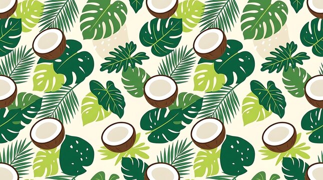 Tropical leaves and halved coconuts seamless pattern