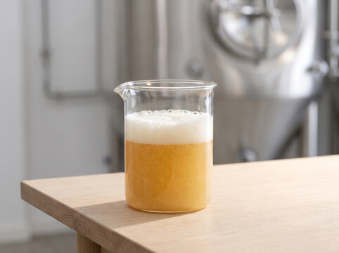 Glass beaker of foamy craft beer on a wooden table in a brewery