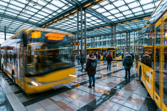 Commuters near modern bus terminal, business motion concept