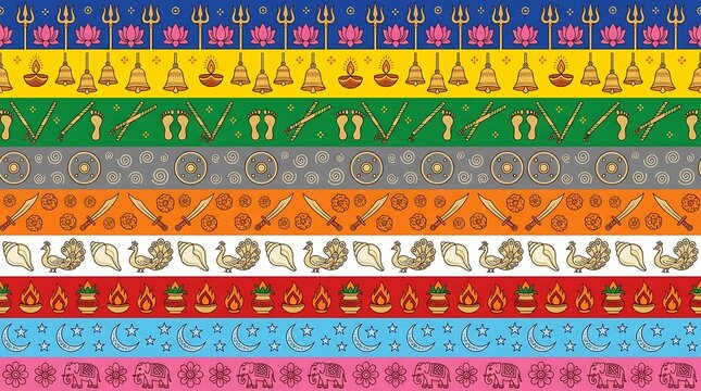 Traditional indian cultural motifs in a colorful seamless pattern