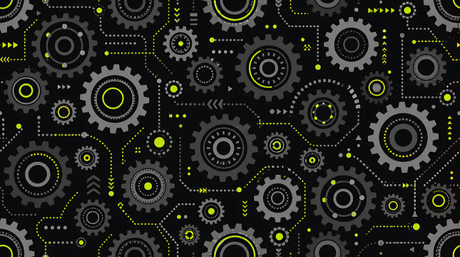 A seamless pattern of mechanical gears and circuits creates a techno-industrial design.