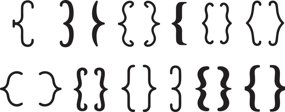 Collection of decorative curly braces and brackets, symbols of grouping and enclosure in various styles.