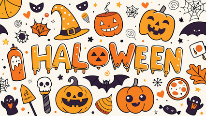 Obraz premium Halloween themed illustration with pumpkins, ghosts, and spooky decorations on cream background