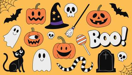 Fototapeta premium Halloween icons and symbols including pumpkins ghosts bats and candy on orange background