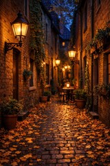 Fototapeta premium Charming autumn alley with warm lantern light cobblestone street and cozy evening atmosphere scene
