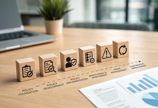 Compliance and risk management process wooden blocks illustrating policy stages