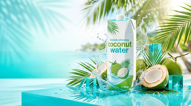 A carton of refreshing coconut water displayed with fresh coconuts, tropical palm leaves, water splashes, and a bright turquoise beach-inspired background.
