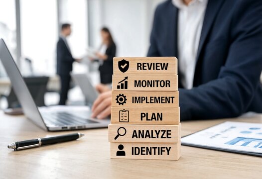 Business strategy blocks with laptop and office team in background
