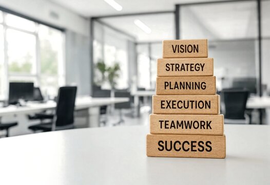Wooden blocks with business concepts vision strategy success and teamwork