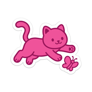Cute pink cat chasing butterfly sticker vector animal cartoon illustration