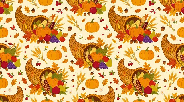 Autumn cornucopia and pumpkin harvest seamless pattern