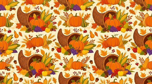 Thanksgiving cornucopia and autumn harvest seamless pattern
