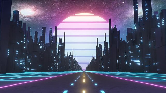 Neon City Highway Synthwave Outrun Road Loop - Futuristic Retro Motion Background Cyberpunk Skyline 4K