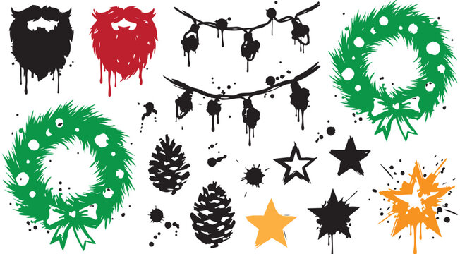 Christmas vector set with ink splatter wreaths, Santa beards, pine cones, stars, and string lights
