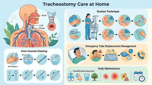 Medical infographic showing tracheostomy care and suction procedures