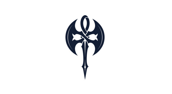 Ornate axe with wings and cross symbol logo.